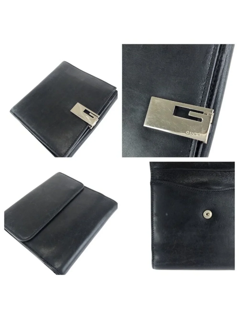 Gucci Black Silver Leather 035 Fold Wallet Compact